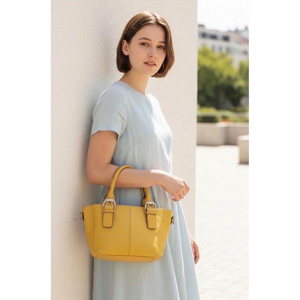 Tignanello Yellow Pebbled Leather Buckle Tote Shoulder Bag